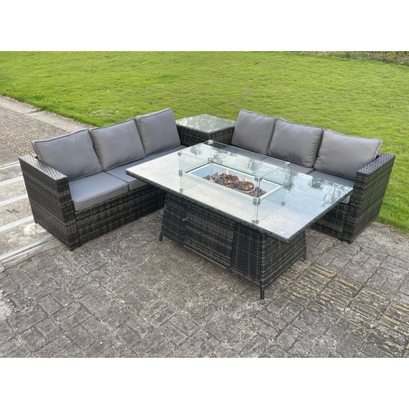 Fimous Outdoor Rattan Garden Corner Furniture Gas Fire Pit Table Dining Sets Gas Heater Burner Lounge Dark Grey 6 Seater