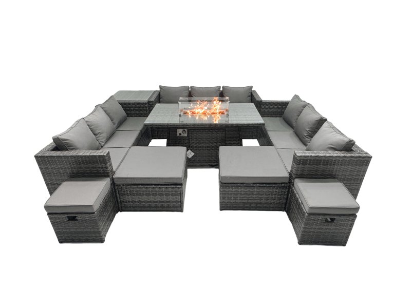 Fimous Rattan Garden Furniture Firepit Dining Set 13 Seater Lounge Sofa Firepit Dining Table Set with 4 Footstools Side Tables