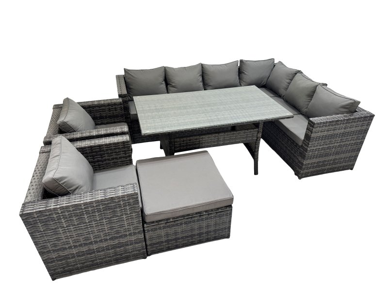 Fimous Rattan Garden Furniture Set Outdoor 9 Seater Patio Dining Corner Sofa Sets with Dining Table 2 Chairs Big Stool Dark Grey Mixed