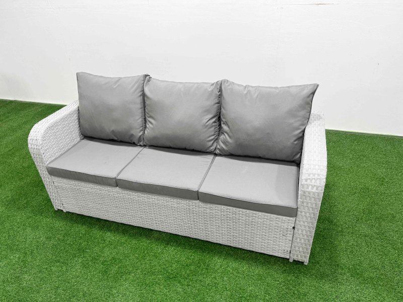 Fimous PE Rattan Garden Furniture Set Reclining Chair Sofa Lounge Sofa Set Square Coffee Table Side Table 2 Small Stools Light Grey