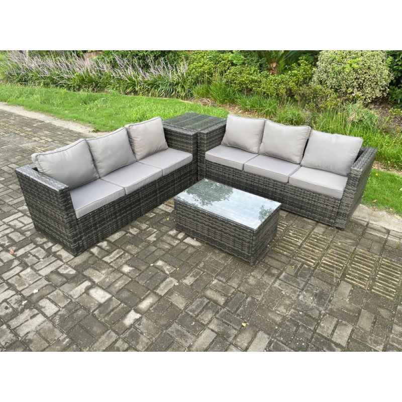 Fimous 6 Seater Rattan Garden Furniture Set Outdoor Patio Sofa Set with Oblong Coffee Table Side Table Dark Grey Mixed