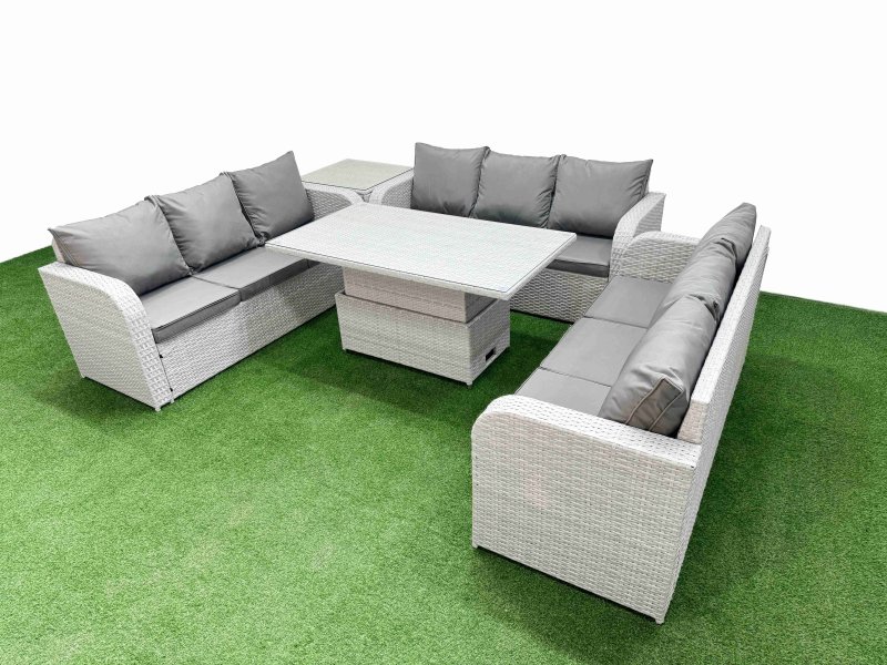 Fimous PE Rattan Lounge Sofa Set 9 Seater Outdoor Garden Furniture Set with Adjustable Lifting Dining or Coffee Table 3 Seater Sofa Side Table Light Grey