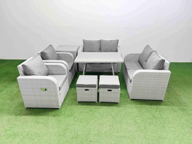 Fimous 8 Seater Rattan Garden Furniture Set Outdoor Love Sofa Set with Rectangular Dining Table Side Table 2 Small Footstools Light Grey