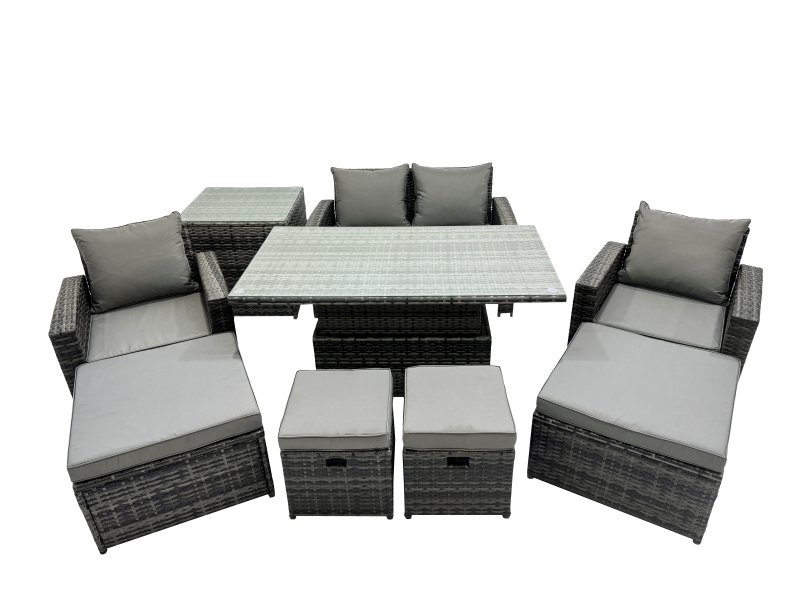 Fimous Outdoor Love Sofa Set 8 Seat Rattan Garden Furniture Set with Adjustable Lifting Dining or Coffee Table 4 Stools Side Table Dark Grey Mixed