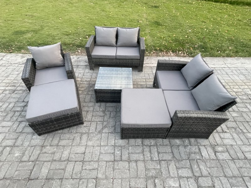 Fimous 7 Seater Rattan Outdoor Garden Furniture Sofa Set Table & Chairs with 2 Big Footstool Dark Grey Mixed