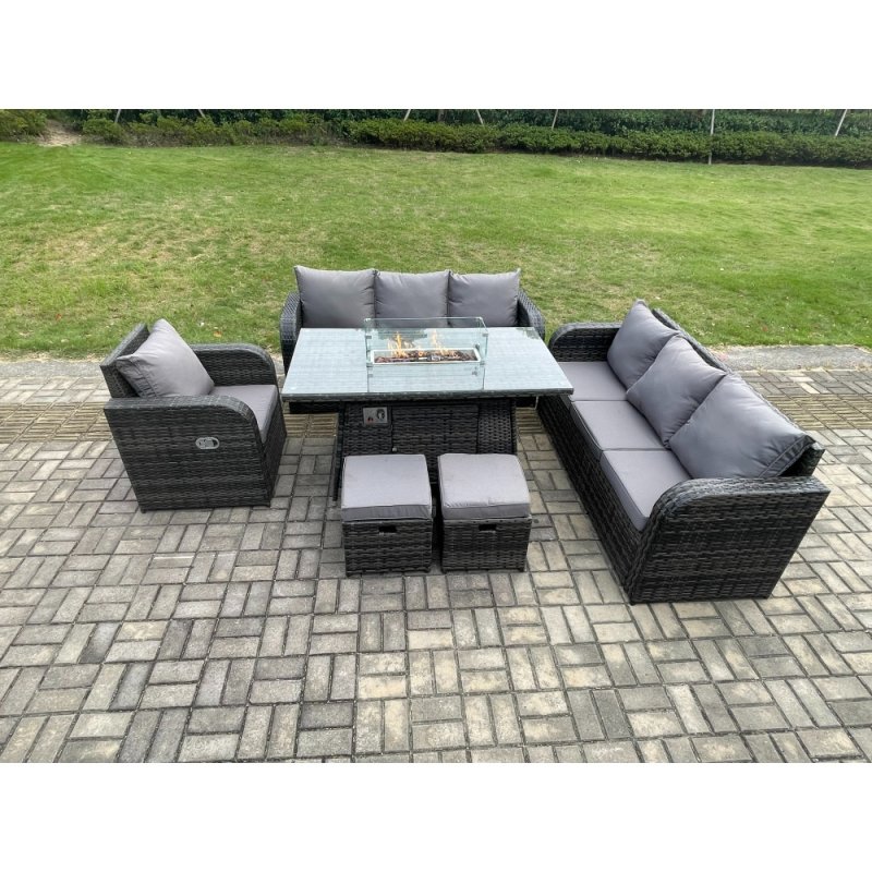 Fimous 9 Seater Wicker Rattan Garden Furniture Set Gas Fire Pit Dining Table Reclining Chair 3 Seater Sofa Set Indoor Outdoor with 2 Small Footstools