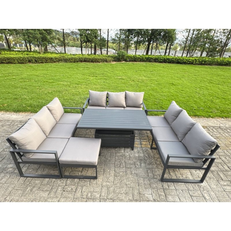 Fimous U-shaped Garden Furniture Set 9-Seater Aluminium Outdoor Dining Set with Adjustable Rising Lifting Dining Table 2 Side Tables Dark Grey