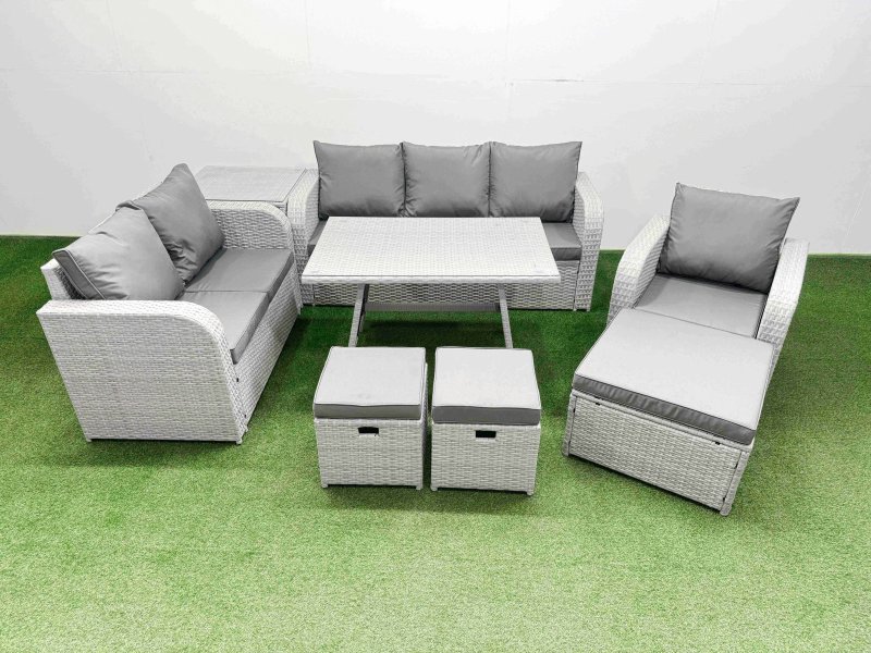 Fimous Rattan High Back Lounge Sofa Set Patio Dining Table & Chairs Set with 3 Seater Sofa Reclining Chair Side Table 3 Stool Light Grey
