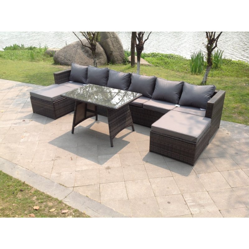 Fimous Lounge Rattan Garden Furniture Sets Dining Table And 2 PC Big Footstools