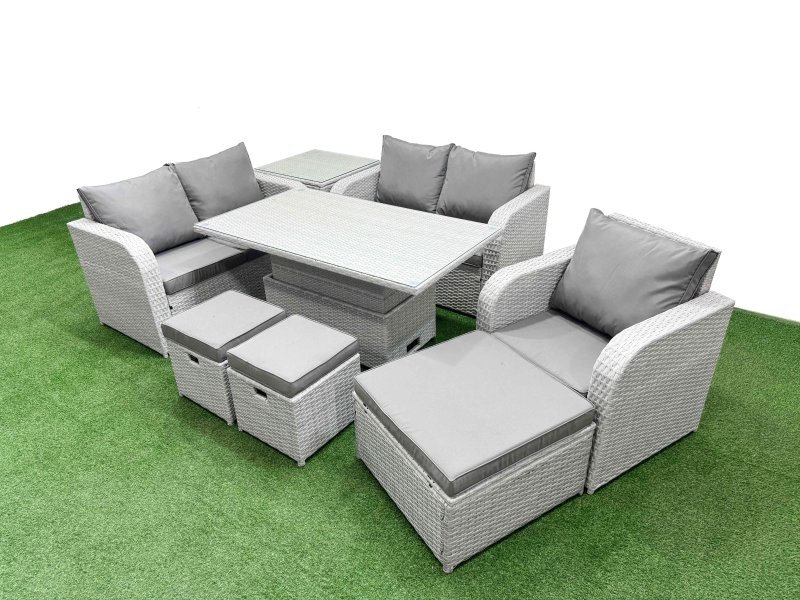 Fimous High Back Poly Rattan Garden Furniture Set with Reclining Chair Loveseat Sofa Adjustable Lifting Dining or Coffee Table Indoor Outdoor Patio Set 3 Stools Side Table Light Grey