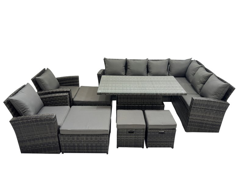 Fimous 12 Seat Rattan Garden Furniture Corner Sofa Set Outdoor Adjustable Lifting Dining or Coffee Table Set with 4 Footstools Dark Grey Mixed
