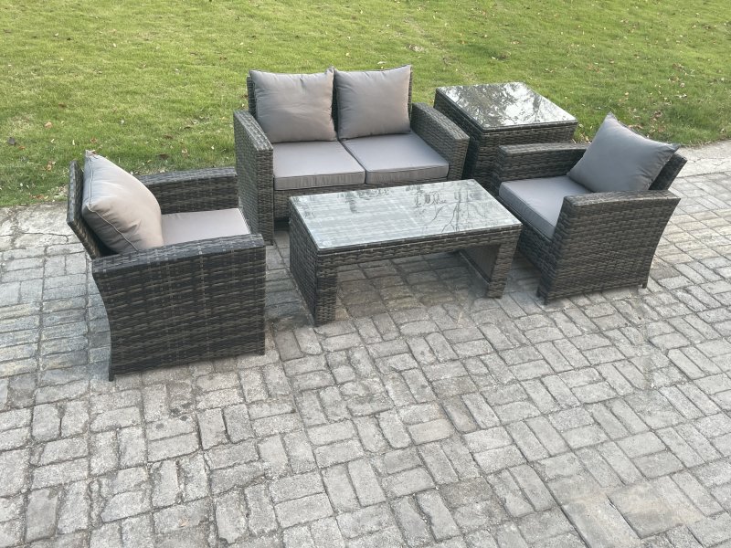 Fimous 4 Seater Outdoor Rattan Garden Furniture Set Patio Lounge Sofa Set with Coffee Table Side Table Dark Grey Mixed