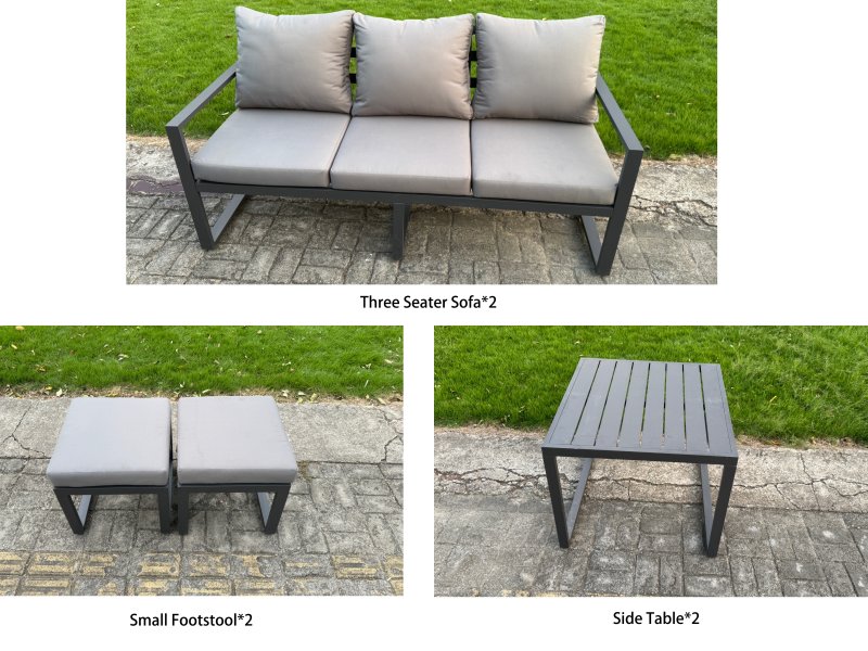 Fimous 6 Pieces Garden Furniture Set Aluminium Adjustable Rising Lifting Dining Table and Sofa Set with Side Table 2 Small Footstools Dark Grey