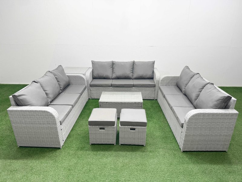 Fimous PE Rattan Lounge Sofa Set 11 Seater Outdoor Garden Furniture Set with Rectangular Coffee Table 3 Seater Sofa 2 Stools Side Table Light Grey