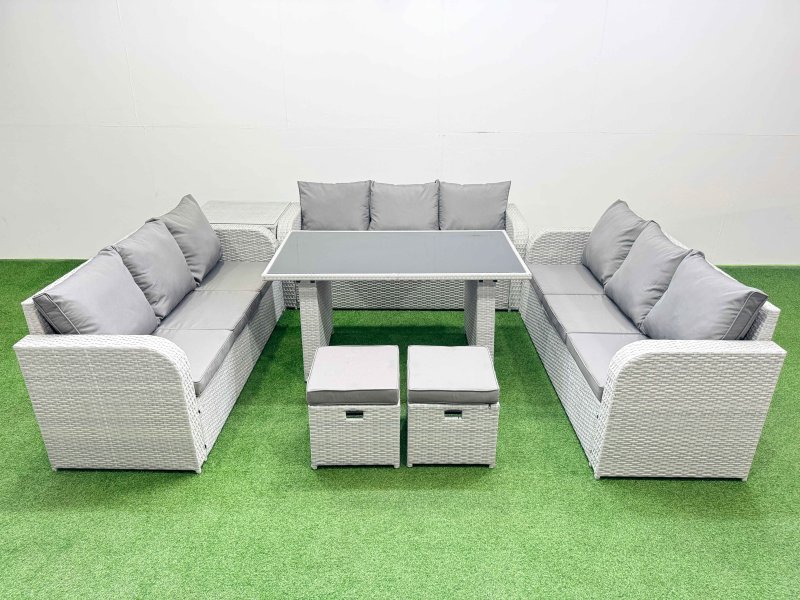 Fimous Patio Garden Furniture Sets with Black Glass Top Dining Table 3 Seater Sofa Side Table 2 Small Stool Light Grey