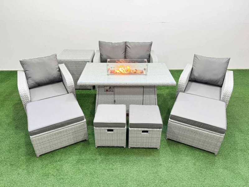 Fimous PE Rattan Lounge Sofa Set 8 Seater Outdoor Garden Furniture Set with Gas Firepit Table Love Sofa 4 Footstools Side Table Light Grey