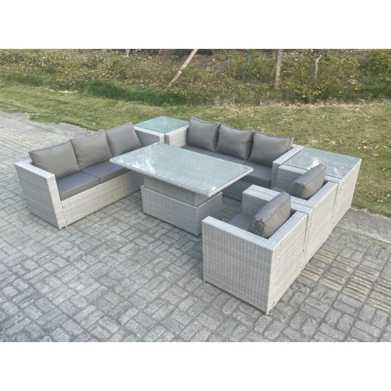 Fimous Rattan Garden Funiture Set Adjustable Rising Lifting Table Sofa Dining Set Lounge Sofa 2 Arm Chair 2 Side Table