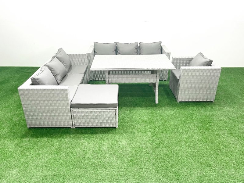 Fimous 5 Pieces Outdoor Rattan Sofa Set with Cushions Patio Garden Furniture Sets with Armchair Dining Table Big Footstool
