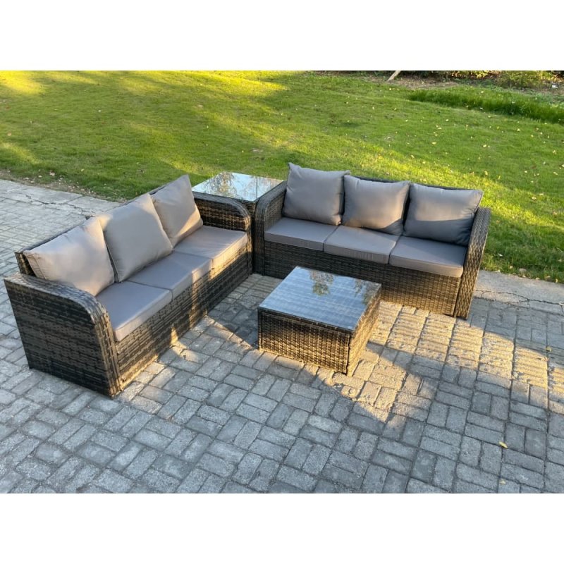 Fimous Indoor Outdoor Rattan Garden Furniture 6 Seater Set Table Sofa Chair Patio Conservatory with Grey Cushions Side Table