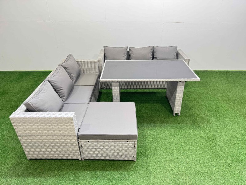 Fimous Rattan Garden Furniture Dining Set 7-seater Patio Rectangular Table Sofa Set with Big Stool Light Grey