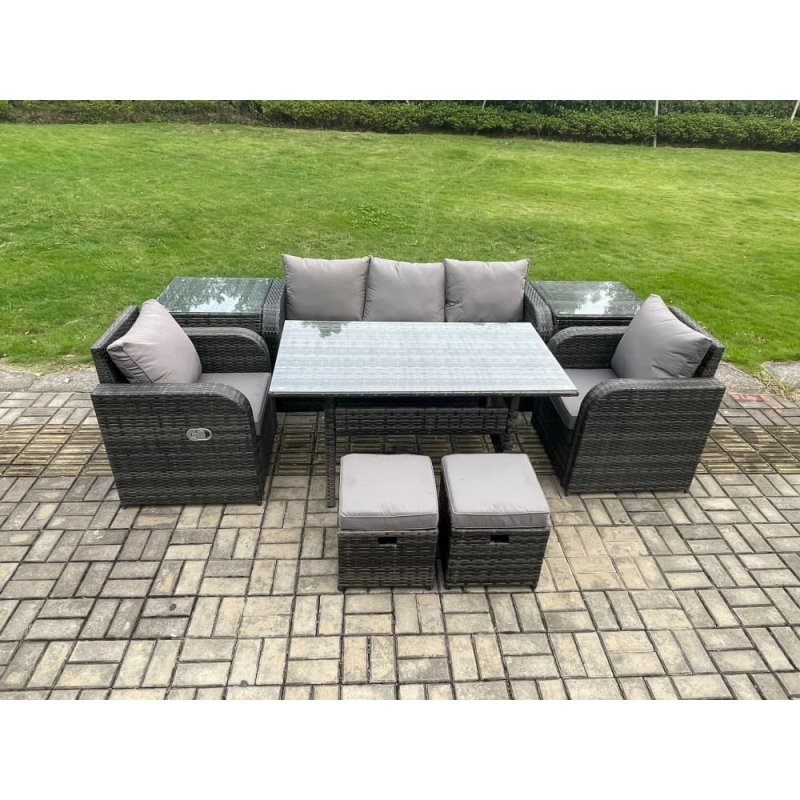 Fimous 7 Seater Rattan Outdoor Garden Furniture Set Rectangular Dining Table and Chair Sofa Set With 2 Side Tables 2 Small Footstools Dark Grey Mixed