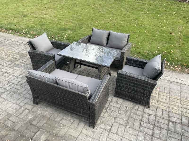 Fimous Rattan Garden Furniture Set 6 Seater Patio Outdoor Lounge Sofa Set with Rectangular Dining Table Love Seat Sofa Dark Grey Mixed