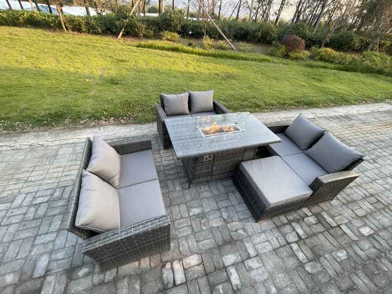 Fimous Outdoor Garden Dining Sets 7 Seater Rattan Patio Furniture Sofa Set with Gas Firepit Table Double Seat Sofa Big Footstool Dark Grey Mixed