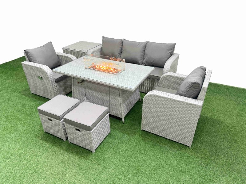 Fimous PE Rattan Garden Furniture Set Reclining Chair Sofa Lounge Sofa Set Firepit Dining Table Side Table 2 Small Stools Light Grey