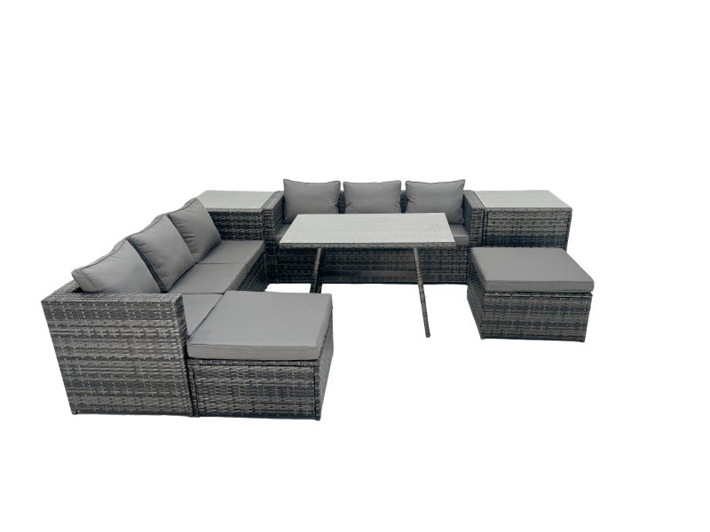 Fimous Rattan Dining Table Sofa Set with 2 Side Tables 2 Big Footstools Outdoor Garden Furniture Set Dark Grey Mixed
