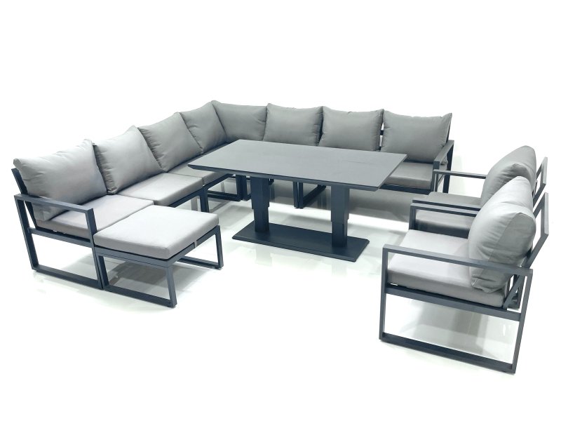 Fimous 10 Seater Outdoor Aluminum Garden Furniture Set Corner Sofa Big Footstool 2 Chairs Adjustable Rising Lifting Dining Table Sets Dark Grey