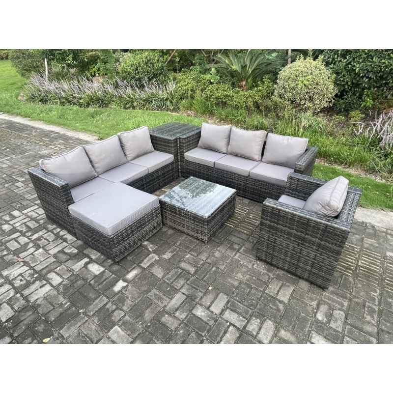Fimous Rattan Garden Furniture Sofa Set with Armchair Side Table Square Coffee Table Big Footstool Indoor Side Table Outdoor 8 Seater Rattan Set Dark Grey Mixed