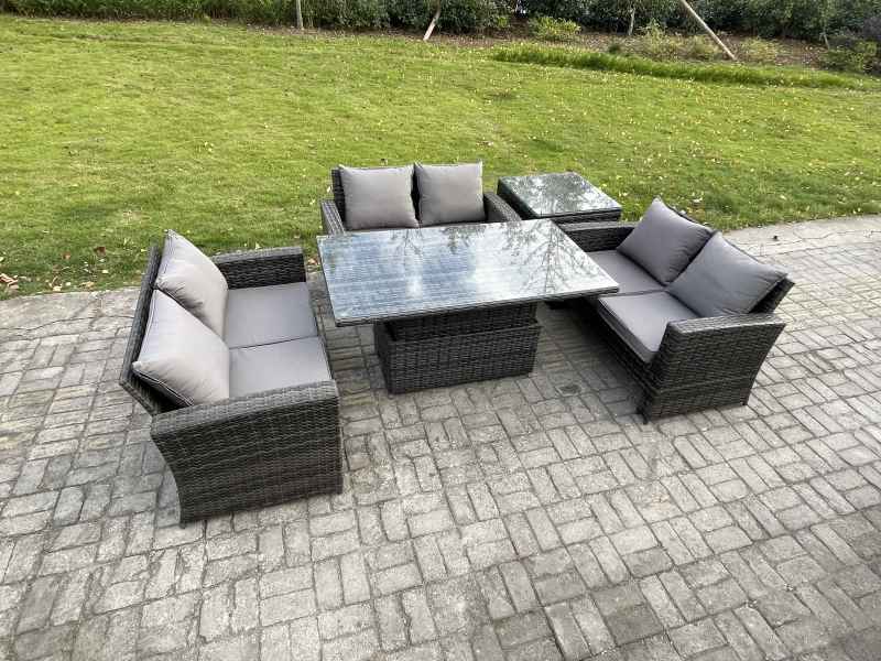 Fimous 6 Seater Rattan Wicker Garden Furniture Patio Conservatory Sofa Set with Height Adjustable Rising Lifting Table Double Seat Sofa Side Table