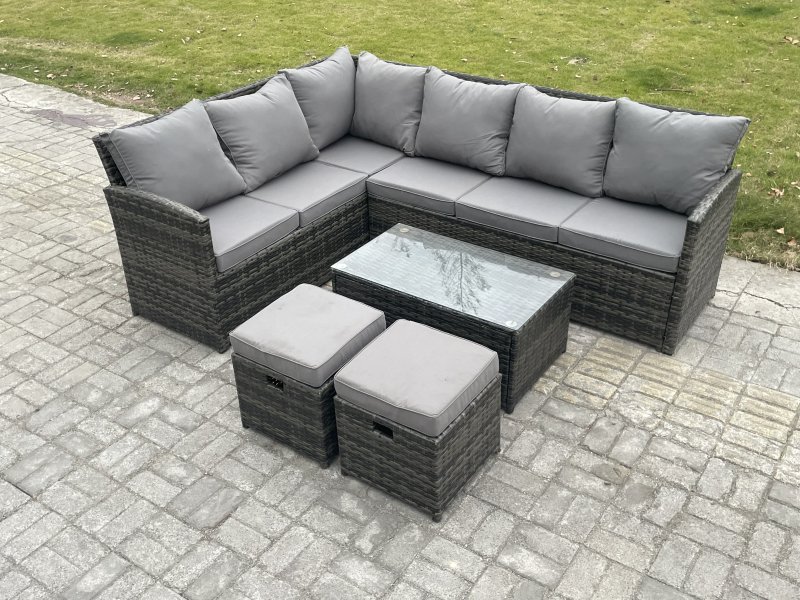 Fimous Rattan Lounge Corner Sofa Set Wicker PE Outdoor Garden Furniture Set with Rectangular Coffee Table 2 Small Footstools Dark Grey Mixed