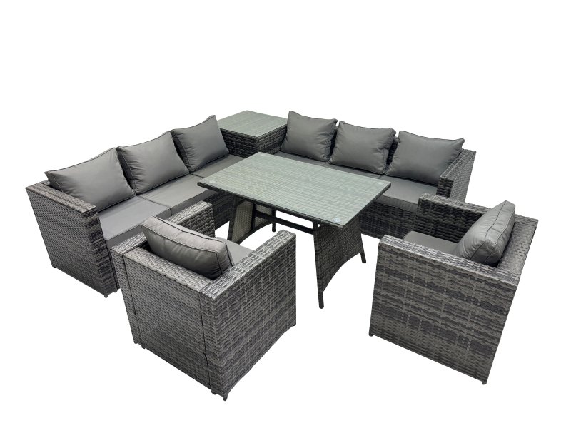 Fimous Outdoor Corner Sofa Chair Dining Table Set Garden Rattan Furniture Set 8 Seater with Side Table Dark Grey