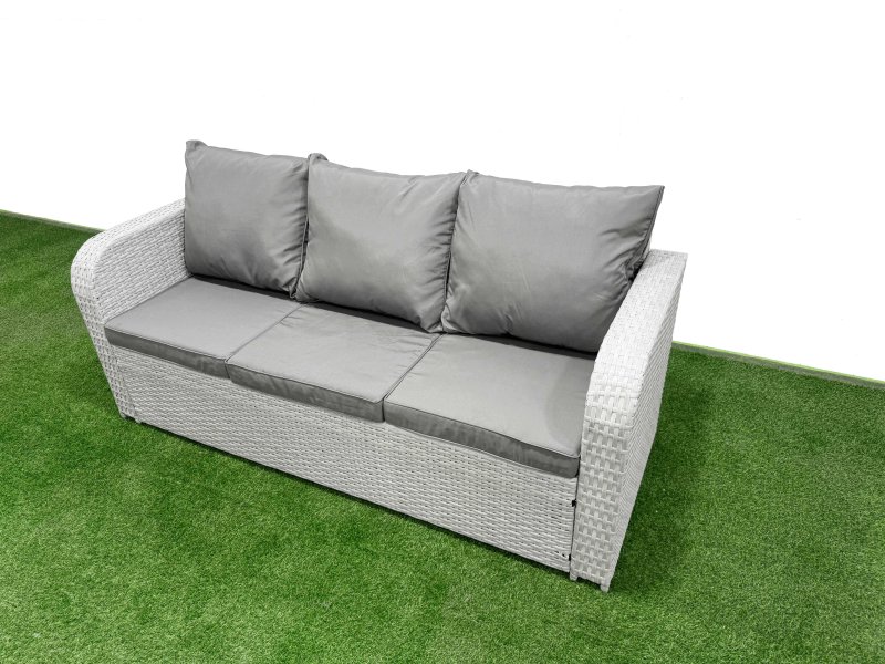 Fimous PE Rattan Garden Furniture Set Reclining Chair Sofa Lounge Sofa Set Oblong Coffee Table Side Table 2 Big Footstool Light Grey