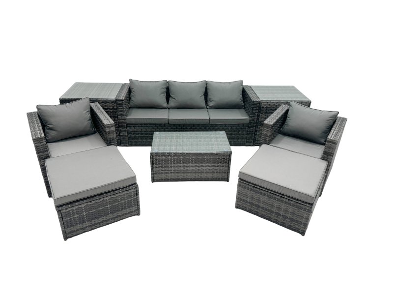 Fimous Outdoor Coffee Table Sofa Armchair Set with 2 Side Tables 2 Big Stools Garden Furniture Set Dark Grey Mixed