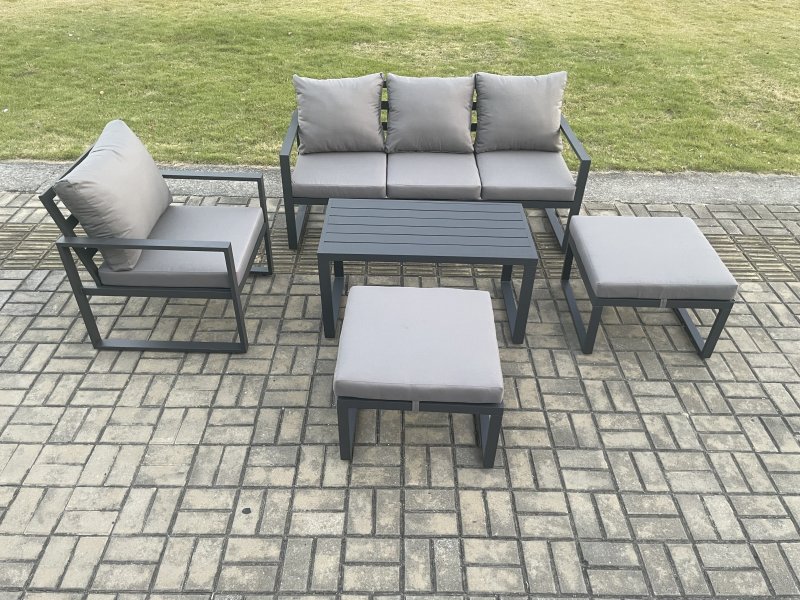 Fimous Aluminium 5 Pieces Garden Furniture Sofa Set with Cushions 6 Seater Outdoor Patio Set with Armchair 2 Big Footstools Dark Grey
