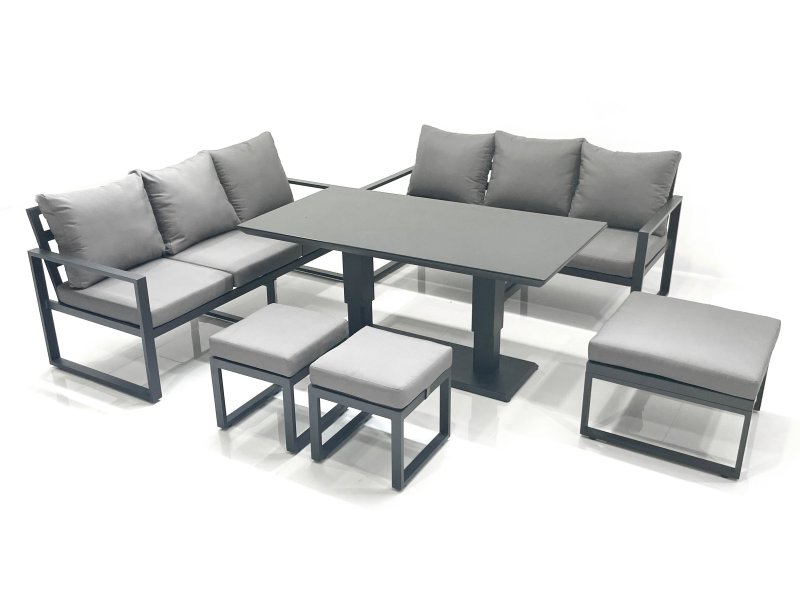 Fimous 9 Seater Aluminium Outdoor Garden Furniture Set with Adjustable Rising Lifting Dining Table 3 Seater Sofa 3 Footstools Dark Grey
