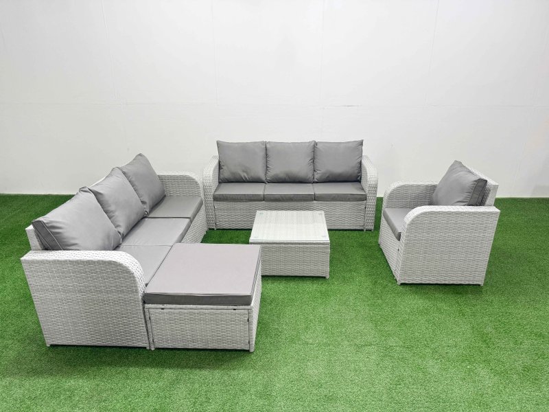Fimous 8 Seater Poly Rattan Outdoor Garden Furniture Square Coffee Table Sofa Set Patio 3 Seater Sofa Reclining Chair 3 Seater Sofa Big Footstool Light Grey