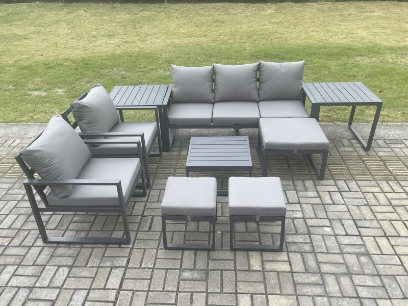 Fimous Aluminium Outdoor Lounge Sofa Set Garden Furniture Sets with Square Coffee Table 2 Chairs 3 Footstools 2 Side Tables Dark Grey 8 Seater