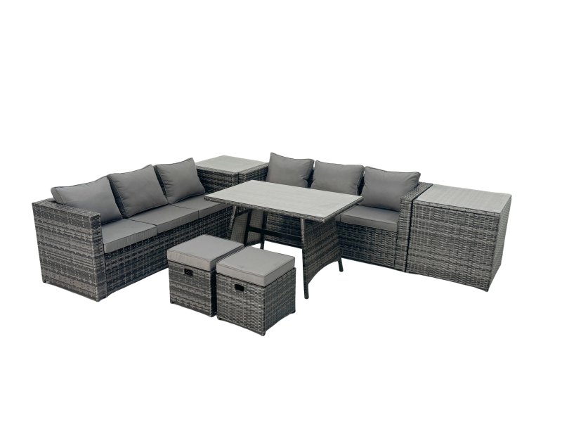 Fimous Rattan Dining Table Sofa Set with 2 Side Tables Small Footstool Outdoor Garden Furniture Set Dark Grey Mixed