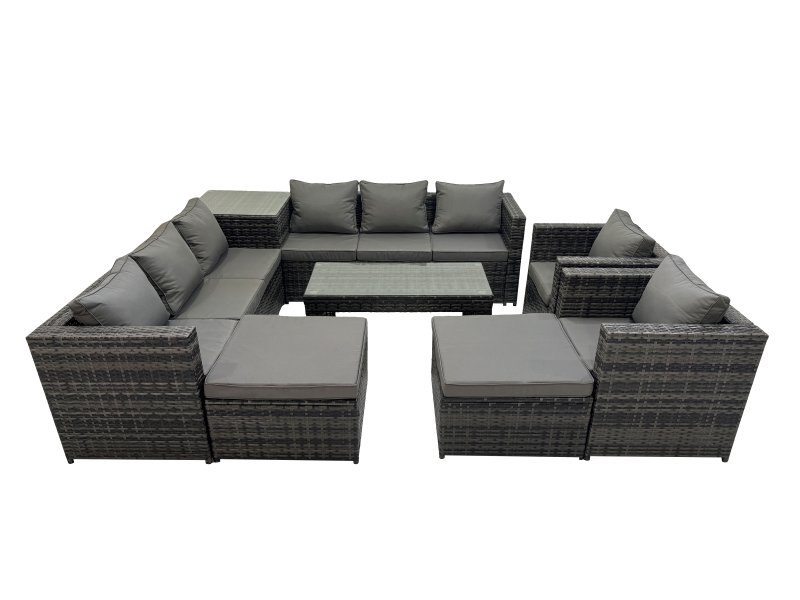Fimous Garden Rattan Outdoor Furniture Set 10 Seater Patio Corner Sofa Oblong Coffee Table with Chair 2 Big Stool Side Table Dark Grey
