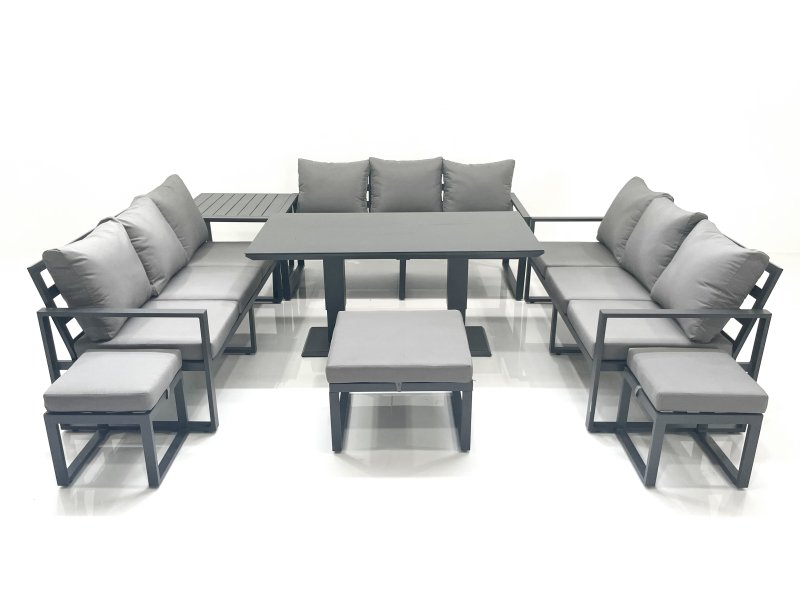 Fimous 12 Seater Garden Sofa Set Aluminium Furniture Rising Dining Tabe Set with Side Table 3 Footstools Dark Grey