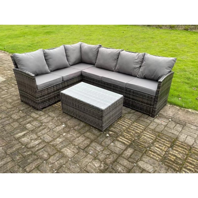 High Back Dark Mixed Grey Rattan Corner Sofa Set Outdoor Furniture Rectangular Coffee Table 6 Seater