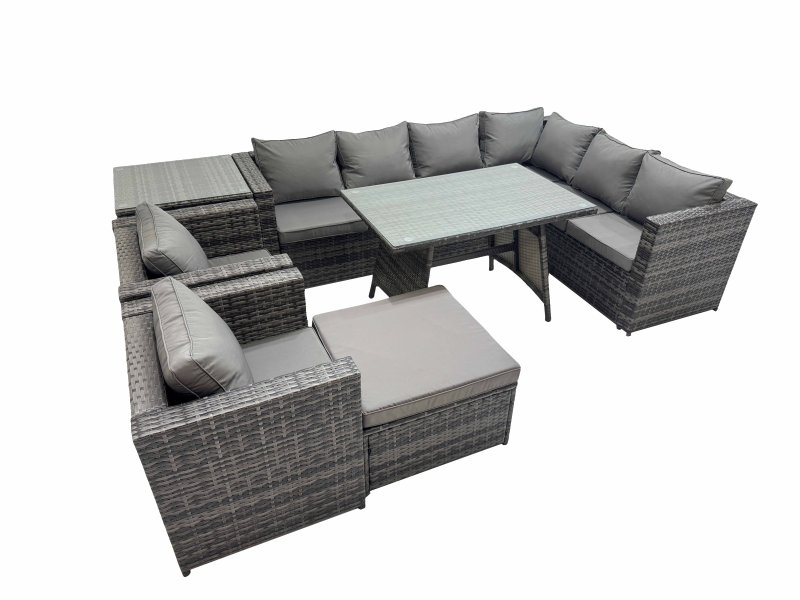 Fimous Rattan garden furniture Patio Furniture Sets with Dining Table Big Stool Side Table Dark Grey Mixed