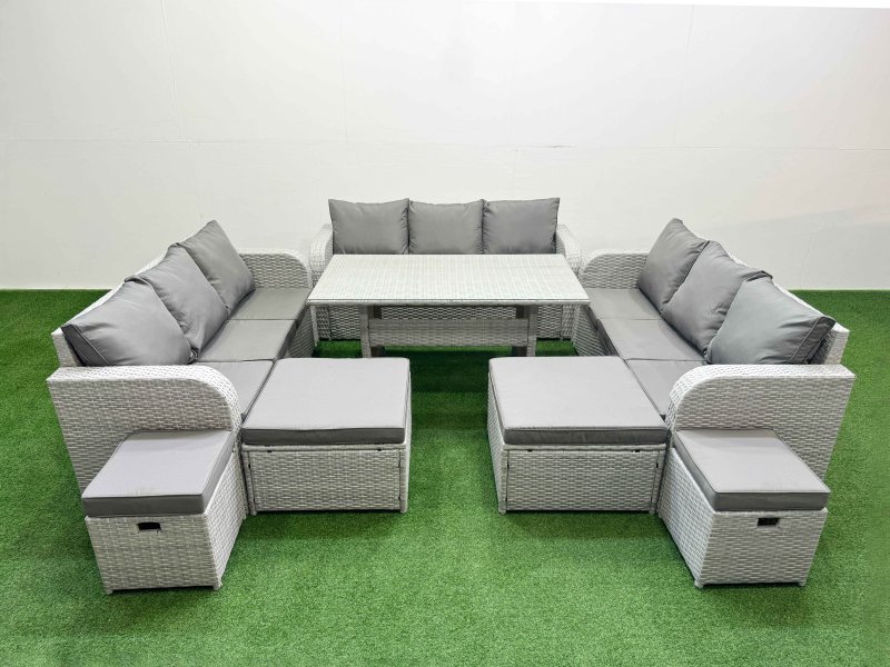 Fimous PE Rattan Lounge Sofa Set 10 Seater Outdoor Garden Furniture Set with Dining Table 3 Seater Sofa 2 Big Footstools Light Grey