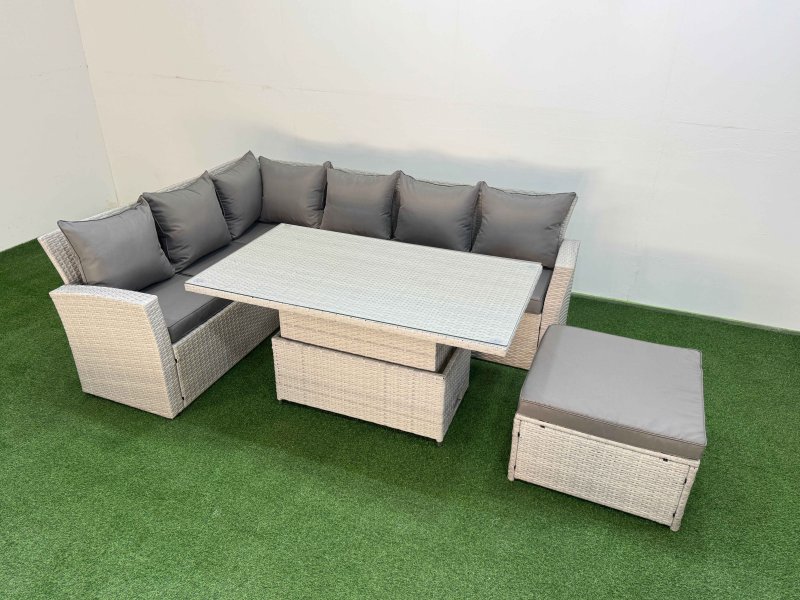 Fimous 7 Seat Rattan Outdoor Garden Furniture Corner Sofa Set Adjustable Lifting Dining or Coffee Table Set with Armchair Big Footstool Light Grey