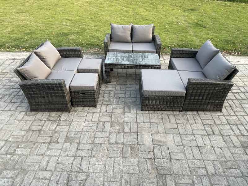 Fimous Outdoor U Shape Sofa Set Wicker PE Rattan Garden Furniture Set with Coffee Table Double Seat Sofa 3 Footstools Dark Grey Mixed