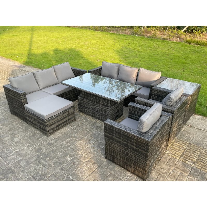 Fimous 9 Seater?Outdoor Rattan Garden Furniture Adjustable Rising Lifting Table With Side Table Chairs Footstool Dark Grey Mixed