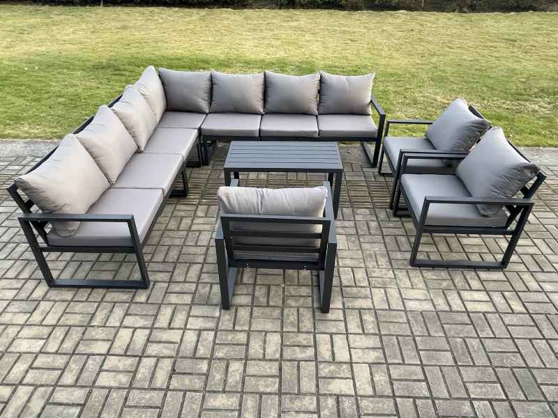 Fimous Aluminium Patio Outdoor Garden Furniture Lounge Corner Sofa Set with Oblong Coffee Table 3 Chairs Dark Grey